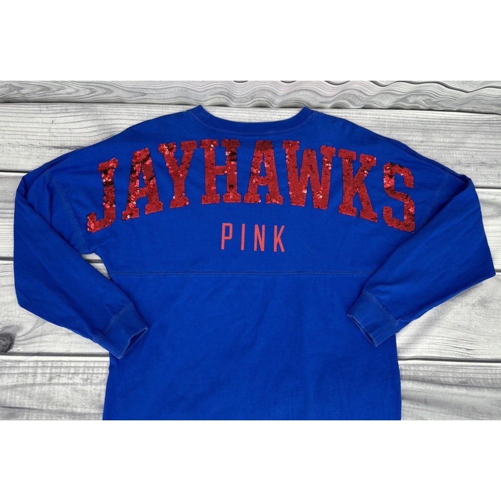 PINK / 5TH & OCEAN KANSAS JAYHAWKS LONG SLEEVE TOP Size Medium BLUE/RED SEQUINS - Picture 1 of 6